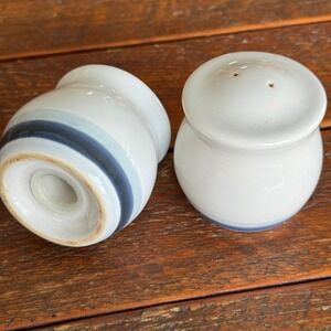 Vintage Stoneware Salt and Pepper Shakers Coastal White Blue Bands Set of 2